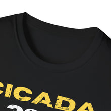 Load image into Gallery viewer, A collar view of this soft black pre shrunk cotton t-shirt with distressed lettering spelling ouf the popular conspiracy of CICADA 3301. This faded original tee is soft and pre-shrunk! 
