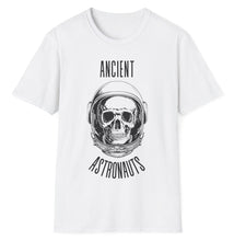 Load image into Gallery viewer, A soft cotton white t-shirt with a skeleton&#39;s skull inside an astronaut helmet. It&#39;s the UFO and conspiracy theory of the Ancient Aliens! This popular message relates to both the bible and ancient civiliization.
