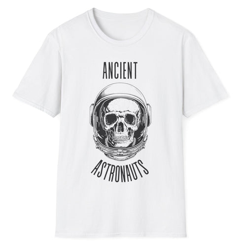 A soft cotton white t-shirt with a skeleton's skull inside an astronaut helmet. It's the UFO and conspiracy theory of the Ancient Aliens! This popular message relates to both the bible and ancient civiliization.