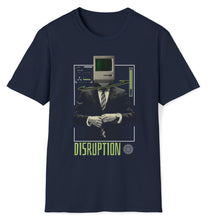 Load image into Gallery viewer, A short sleeved tee showing a man that is transhuman and controlled by a computer. The title of the tee design is disruption.
