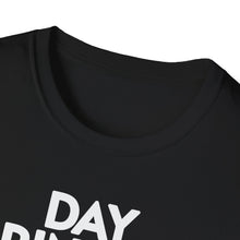 Load image into Gallery viewer, A collar view of this soft black pre shrunk cotton t-shirt simply states it&#39;s a good time for day drinking. This black original tee is soft and pre-shrunk! 

