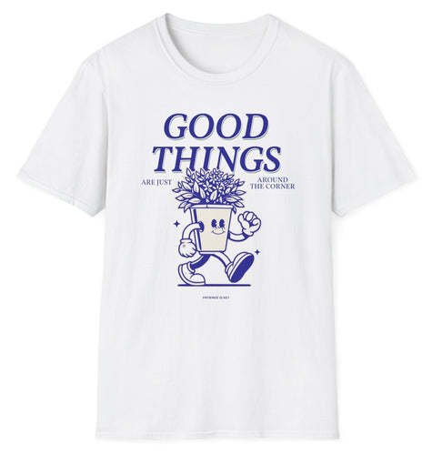 White tee shirt with the positive inspiring comment of Good Things printed in blue. These 100% cotton t shirts  are comfortable and fit to size.