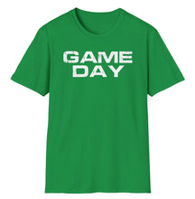 Load image into Gallery viewer, A soft green pre shrunk cotton t-shirt simply states Game Day as a celebration for the local game. This original tee is soft gree with distressed white lettering while being pre-shrunk with Irish graphics! 

