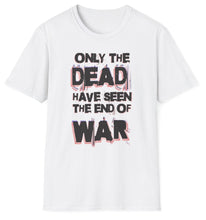 Load image into Gallery viewer, A white t shirt that touts an anti-war message about the casualities of war. A soft cotton white tee on original graphics.
