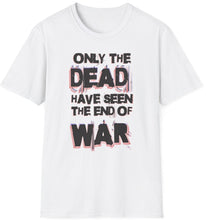 Load image into Gallery viewer, A white t shirt that touts an anti-war message about the casualities of war. A soft cotton white tee on original graphics.
