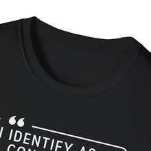 Load image into Gallery viewer, This is a view of the collar for our soft black pre shrunk cotton t-shirt with original graphics that question the narrative of the over use of pronouns and confusing take on individuality. This black original tee is soft and pre-shrunk! 
