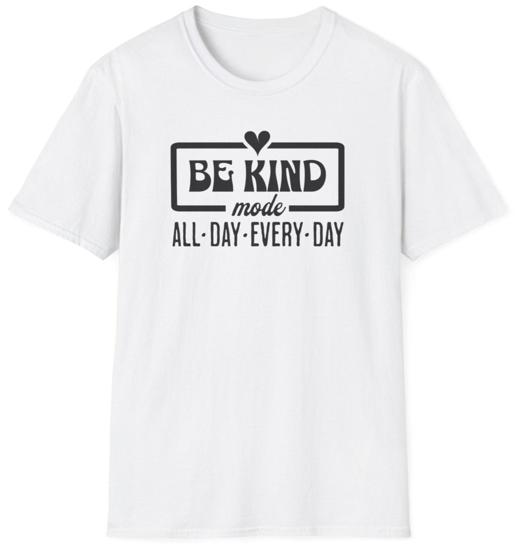 A white shirt that reads Be Kind. This is an original graphic design. This soft tee is 100% cotton and built for comfort!