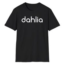 Load image into Gallery viewer, A soft cotton black t-shirt with the retro lettering of the word DAHLIA. This true crime message relates to the the mystery of Los Angeles crime.
