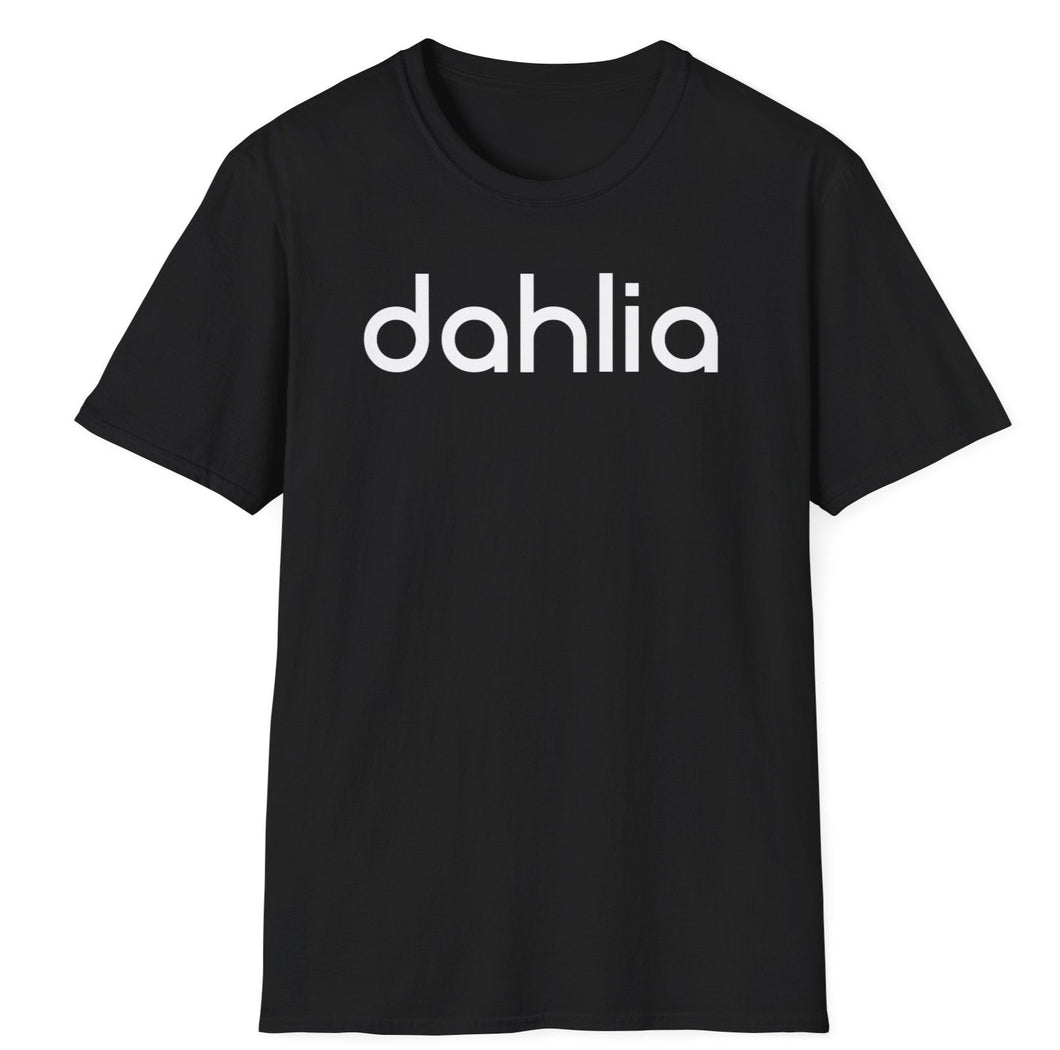 A soft cotton black t-shirt with the retro lettering of the word DAHLIA. This true crime message relates to the the mystery of Los Angeles crime.