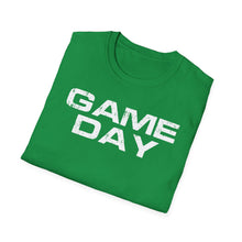 Load image into Gallery viewer, A soft green pre shrunk cotton t-shirt simply states Game Day as a celebration for the local game. This original tee is soft gree with distressed white lettering while being pre-shrunk with Irish graphics! 
