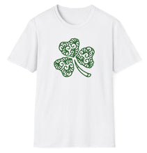 Load image into Gallery viewer, A white shirt with a green artistic irish shamrock as an original graphic design. This soft tee is 100% cotton and built for comfort!
