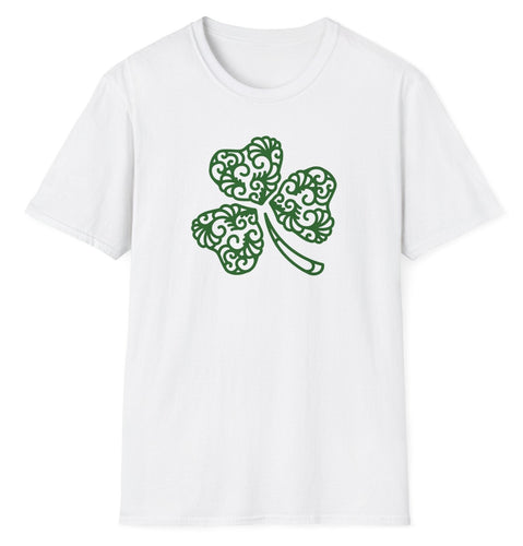 A white shirt with a green artistic irish shamrock as an original graphic design. This soft tee is 100% cotton and built for comfort!