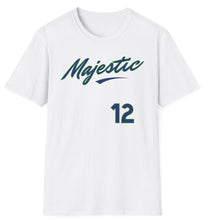 Load image into Gallery viewer, A baseball themed white cotton tee that shows the word Majestic 12 as a conspiracy nod. This soft comfortable t shirt has Seattle colors and a conspiracy feel.
