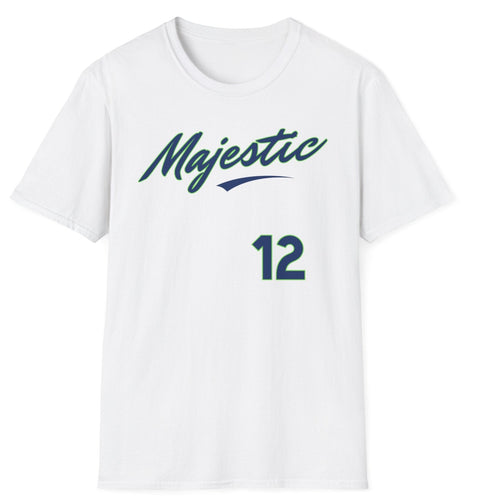 A baseball themed white cotton tee that shows the word Majestic 12 as a conspiracy nod. This soft comfortable t shirt has Seattle colors and a conspiracy feel.