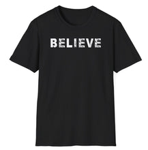 Load image into Gallery viewer, A soft black cotton t-shirt with the popular word BELIEVE in white, faded lettering. It&#39;s either the UFO and conspiracy theory or even trust and faith! This popular message relates to nearly every situation.
