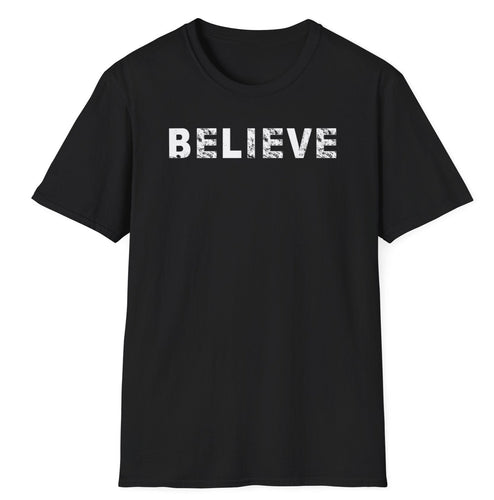 A soft black cotton t-shirt with the popular word BELIEVE in white, faded lettering. It's either the UFO and conspiracy theory or even trust and faith! This popular message relates to nearly every situation.