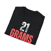 Load image into Gallery viewer, A soft cotton black t-shirt with the faded, distressed logo of 21 Grams. This christian message relates to the weight of the soul. The red and white letter of this tee appear worn.
