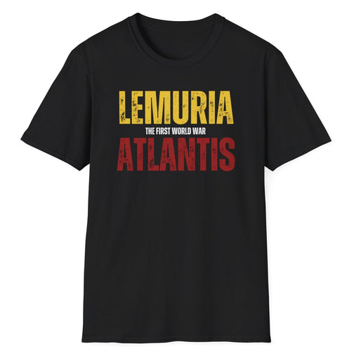 The ultimate world war t shirt. This black cotton shirt highlights the fantasy world of atlantis and lemuria in a soft cotton look.