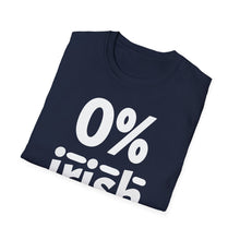 Load image into Gallery viewer, A navy blue shirt with white lettering that shows 0% irish as an original graphic design. This soft tee is 100% cotton and built for comfort!
