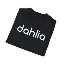 Load image into Gallery viewer, A soft cotton black t-shirt with the retro lettering of the word DAHLIA. This true crime message relates to the the mystery of Los Angeles crime.
