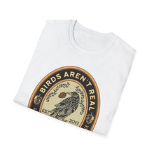 Load image into Gallery viewer, A soft white cotton t-shirt with the popular and fun conspiracy of Birds Aren&#39;t Real. It&#39;s  a logo conversation starter tee that&#39;s soft and pre-shrunk!
