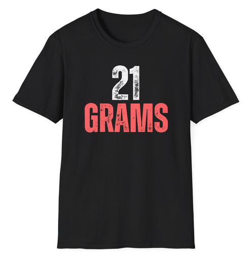 A soft cotton black t-shirt with the faded, distressed logo of 21 Grams. This christian message relates to the weight of the soul. The red and white letter of this tee appear worn.