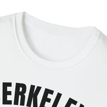 Load image into Gallery viewer, A collar level view of this white t-shirt that shows Berkeley Loves Everybody. This California tee is a soft cotton.
