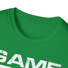 Load image into Gallery viewer, A collar view of this soft green pre shrunk cotton t-shirt simply states Game Day as a celebration for the local game. This original tee is soft gree with distressed white lettering while being pre-shrunk with original graphics! 
