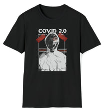 Load image into Gallery viewer, An off centered black t-shirt shows a man in a hazmat suit as he prepares to another round of the pandemic known as covid.
