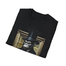 Load image into Gallery viewer, A monkey posed as a US President on a black soft tee shirt. This original graphic design tee is an American special order.
