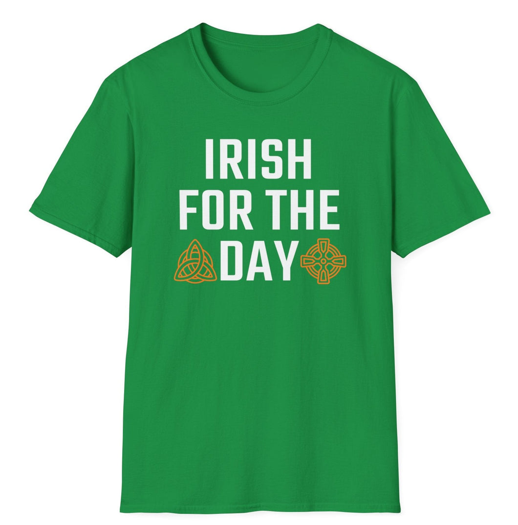 A soft green cotton t-shirt with a classical Irish St. Patrick's Day statement - Irish for the Day. This original tee has white lettering and is soft and pre-shrunk with ireland's shamrock graphics! 