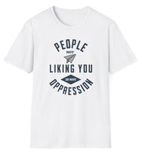 Load image into Gallery viewer, Soft white t shirt that lets people know you shouldn&#39;t be triggered or offended. Soft and comfortable cotton with blue font.
