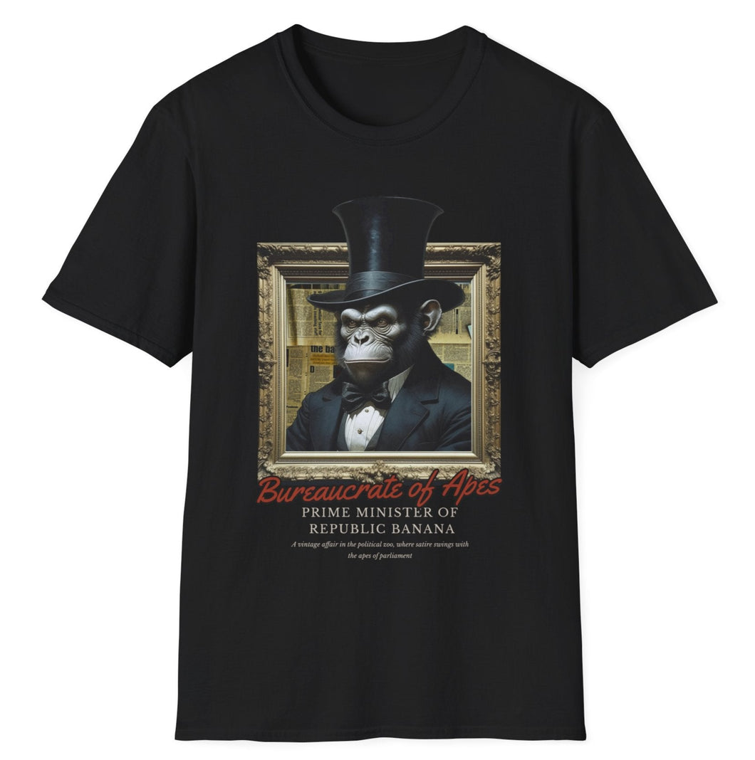 A monkey posed as a US President on a black soft tee shirt. This original graphic design tee is an American special order.