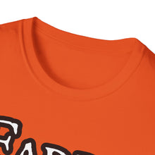 Load image into Gallery viewer, A collar view of this soft orange pre shrunk cotton t-shirt simply states Fatty Laddy as a tip of the hat to the larger lads of Ireland. This original tee is soft and pre-shrunk with Irish graphics! 
