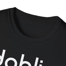 Load image into Gallery viewer, A view of the collar for this soft cotton black t-shirt with the retro lettering of the word DAHLIA. This true crime message relates to the the mystery of Los Angeles crime.
