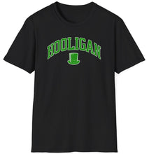 Load image into Gallery viewer, A soft black pre shrunk cotton t-shirt simply states Hooligan as a tip of the hat to the rowdy soccer and football lads of Europe. This original tee is soft and pre-shrunk with Irish graphics! 
