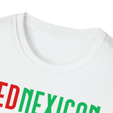 Load image into Gallery viewer, A close-up collar view of the word Redneck is blended with Mexican to form the word Rednexican. The colors match the flag of Mexico and placed on an original graphic soft white t-shirt.
