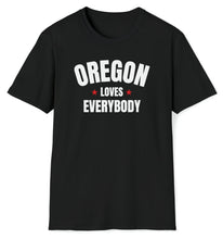 Load image into Gallery viewer, Oregon loves everybody shirt that is black, white and red.
