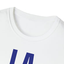 Load image into Gallery viewer, A close-up of the collor for an original white t-shirt that expresses a love for LA with blue font and capital letters.

