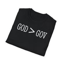 Load image into Gallery viewer, A clean and soft cotton black tee that simply says God is greater than government. The durable tee is comfortable and related to resisting and protesting for all religions.

