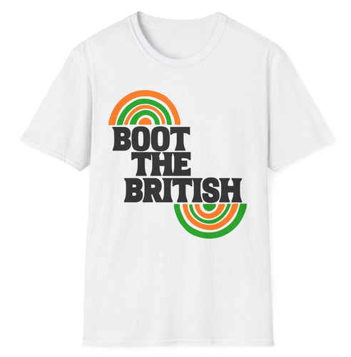 A soft white pre shrunk cotton t-shirt with original graphics that highlight the Irish sayinig of Boot the British in reference to uniting Ireland. This white original tee is soft and pre-shrunk! 