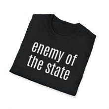 Load image into Gallery viewer, This black tee announces the wearer as a free thinking Enemy of the State. The soft cotton black t shirt is comfortable and durable.
