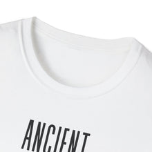 Load image into Gallery viewer, A view of the collar for this soft cotton white t-shirt with a skeleton&#39;s skull inside an astronaut helmet. It&#39;s the UFO and conspiracy theory of the Ancient Aliens! This popular message relates to both the bible and ancient civiliization.
