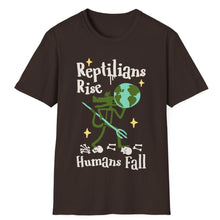 Load image into Gallery viewer, A brown tee shirt about the reptilian conspiracy. These soft cotton tees are earth tone.
