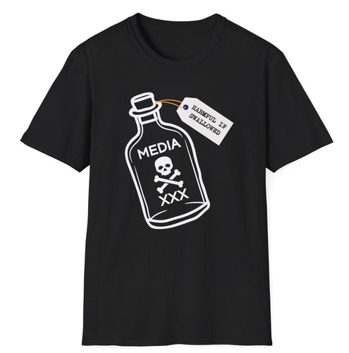 A black t shirt about media bias and poison with original graphics.