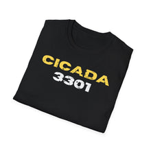 Load image into Gallery viewer, A soft black pre shrunk cotton t-shirt with distressed lettering spelling ouf the popular conspiracy of CICADA 3301. This faded original tee is soft and pre-shrunk! 
