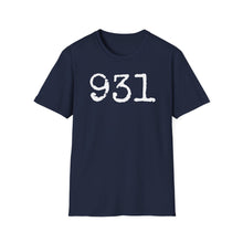 Load image into Gallery viewer, Distressed font showing the area code for Clarksville TN of 931. This t-shirt is a navy blue 100% cotton tee for 931 TN.
