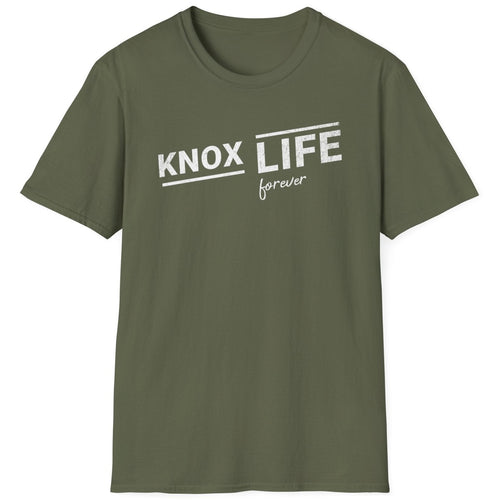 The Knox Life Unisex T Shirt! Represent Knoxville with a comfortable unisex t-shirt. This shirt has Knox Life Forever printed in bold white lettering for the casual look. This shirt makes a great gift for yourself, family or friends.
