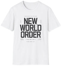 Load image into Gallery viewer, A white shirt with retro TV broadcast image of the New World Order as an original graphic design. This soft tee is 100% cotton and built for comfort!

