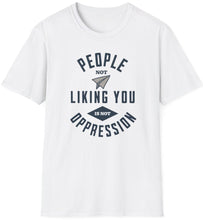 Load image into Gallery viewer, Soft white t shirt that lets people know you shouldn&#39;t be triggered or offended. Soft and comfortable cotton with blue font.
